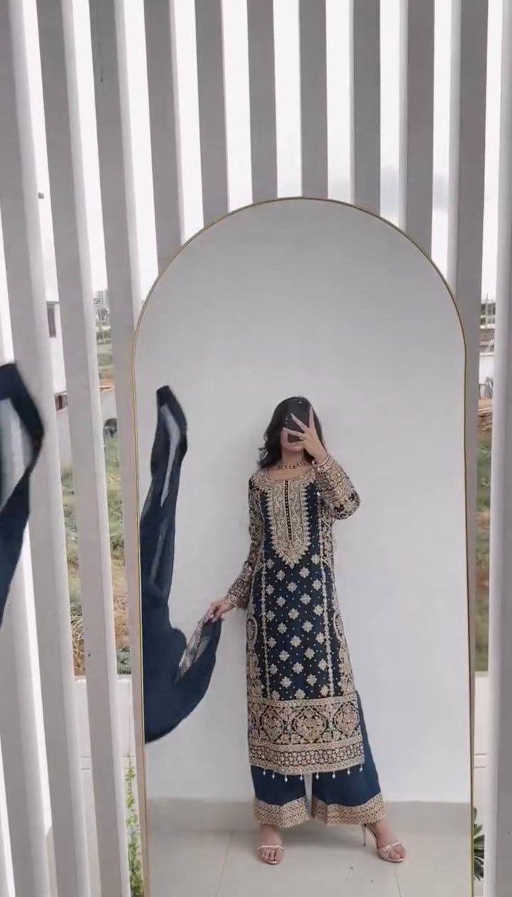 Women's Elegant Faux Georgette Embroidered Set With Full Sleeves And Lace Dupatta