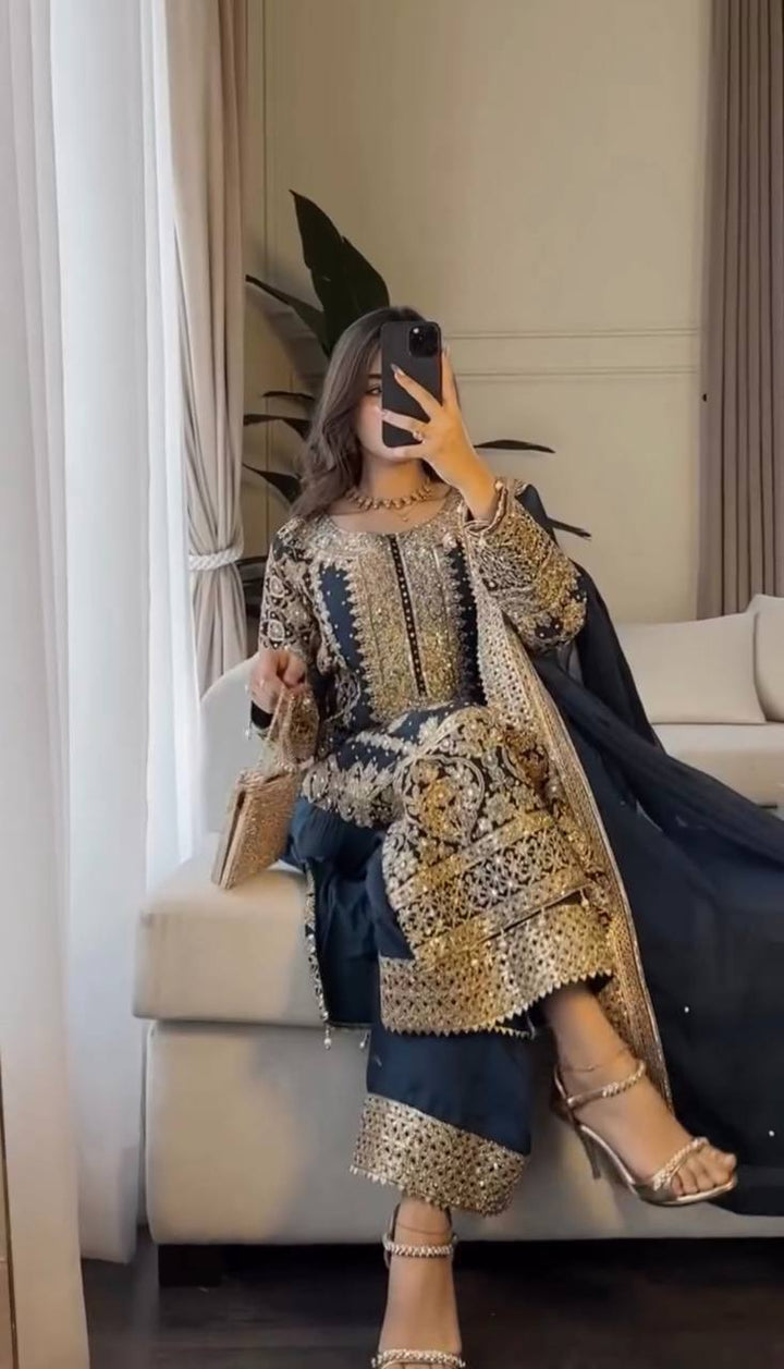 Women's Elegant Faux Georgette Embroidered Set With Full Sleeves And Lace Dupatta