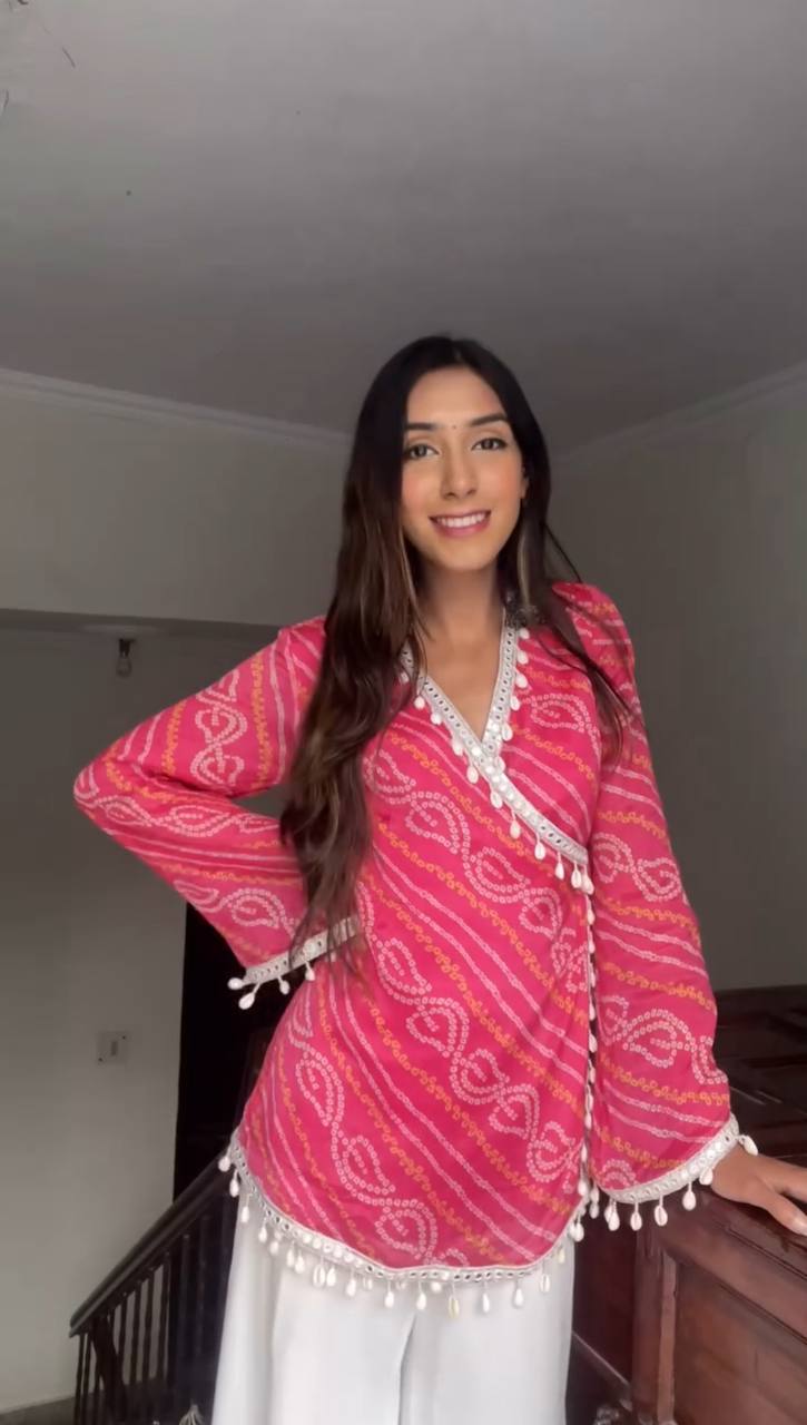 Women's Pink Georgette Printed With Kodi Lace Work Kurta Set