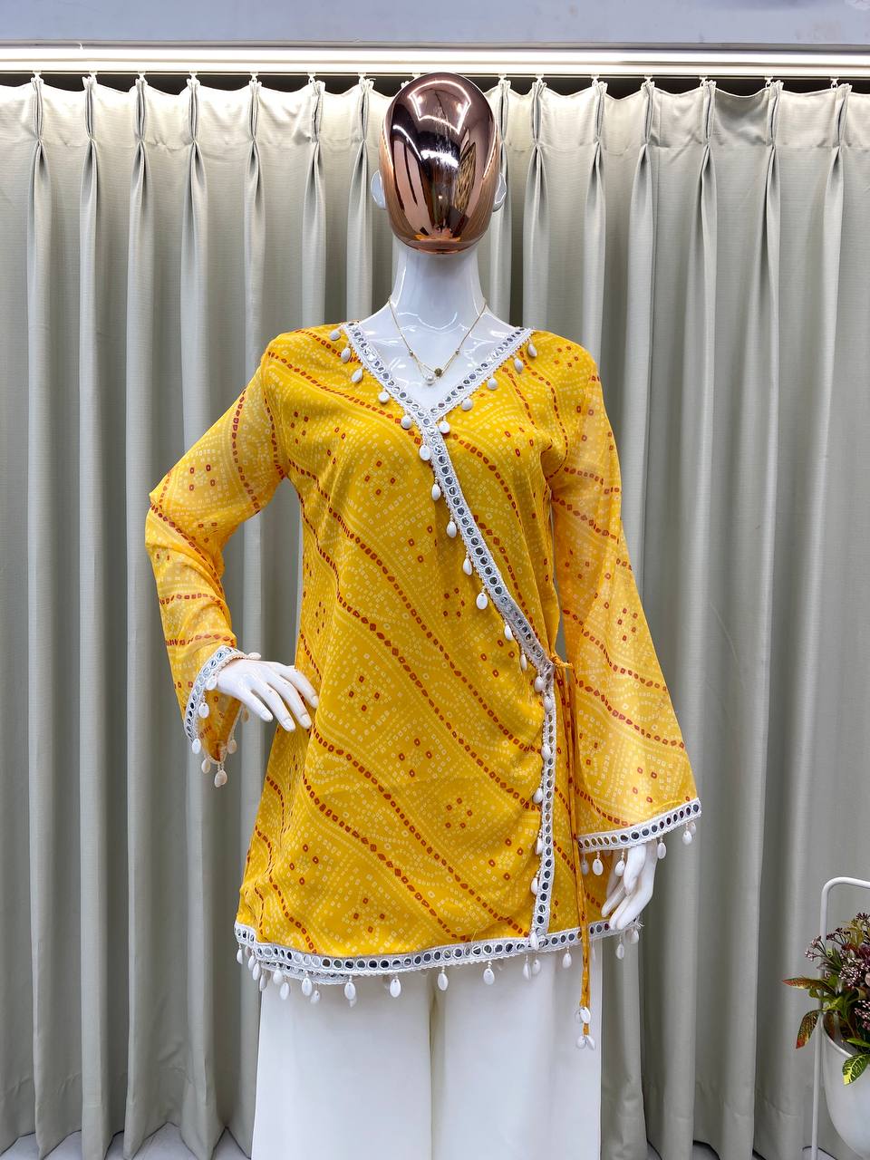 Women's Yellow Georgette Printed With Kodi Lace Work Kurta Set