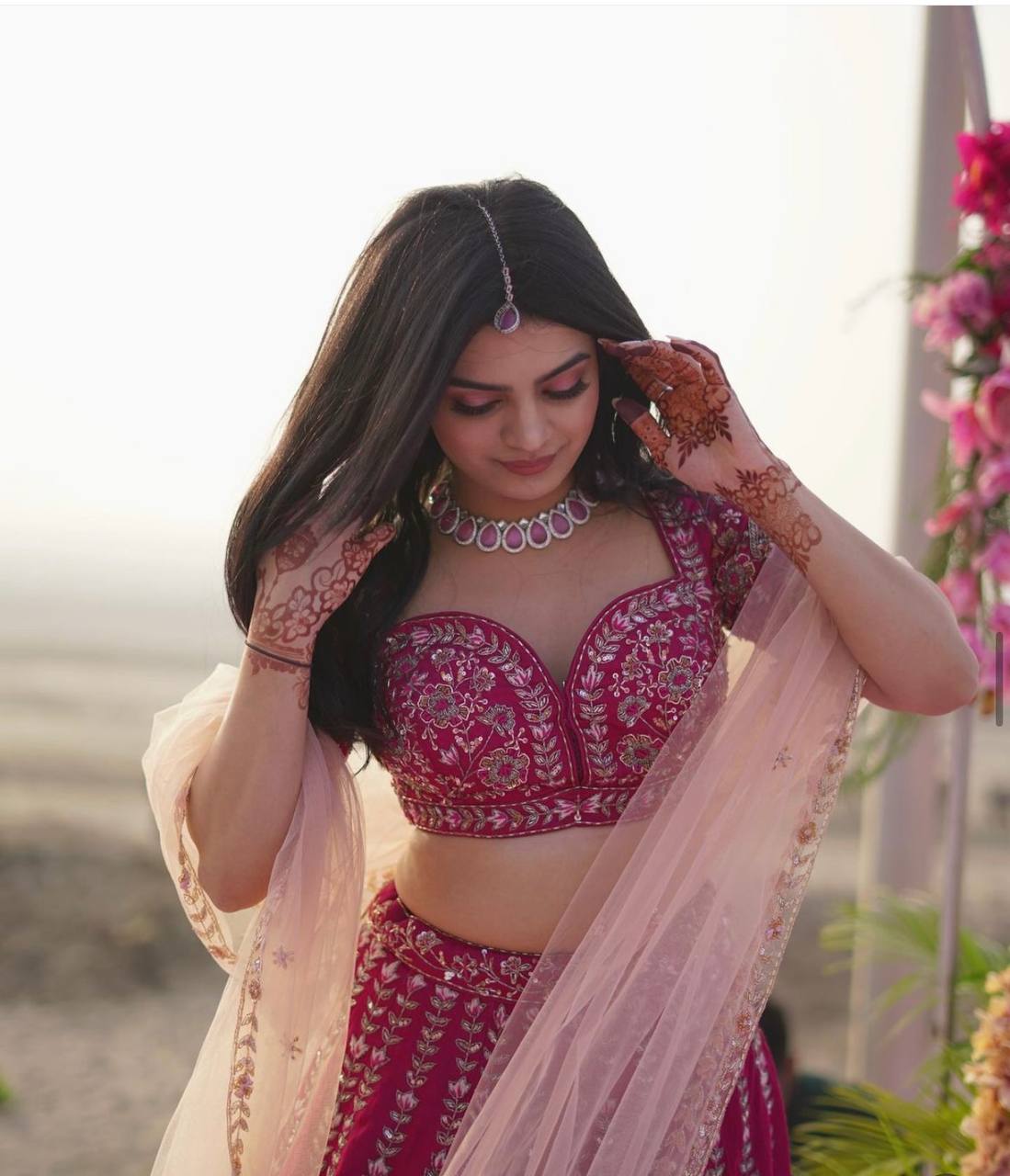 Women's Dark Rani Pink Slub Silk Dark Rani Pinkdori Sequins & Thread Work All Over Front & Back Lehenga Set
