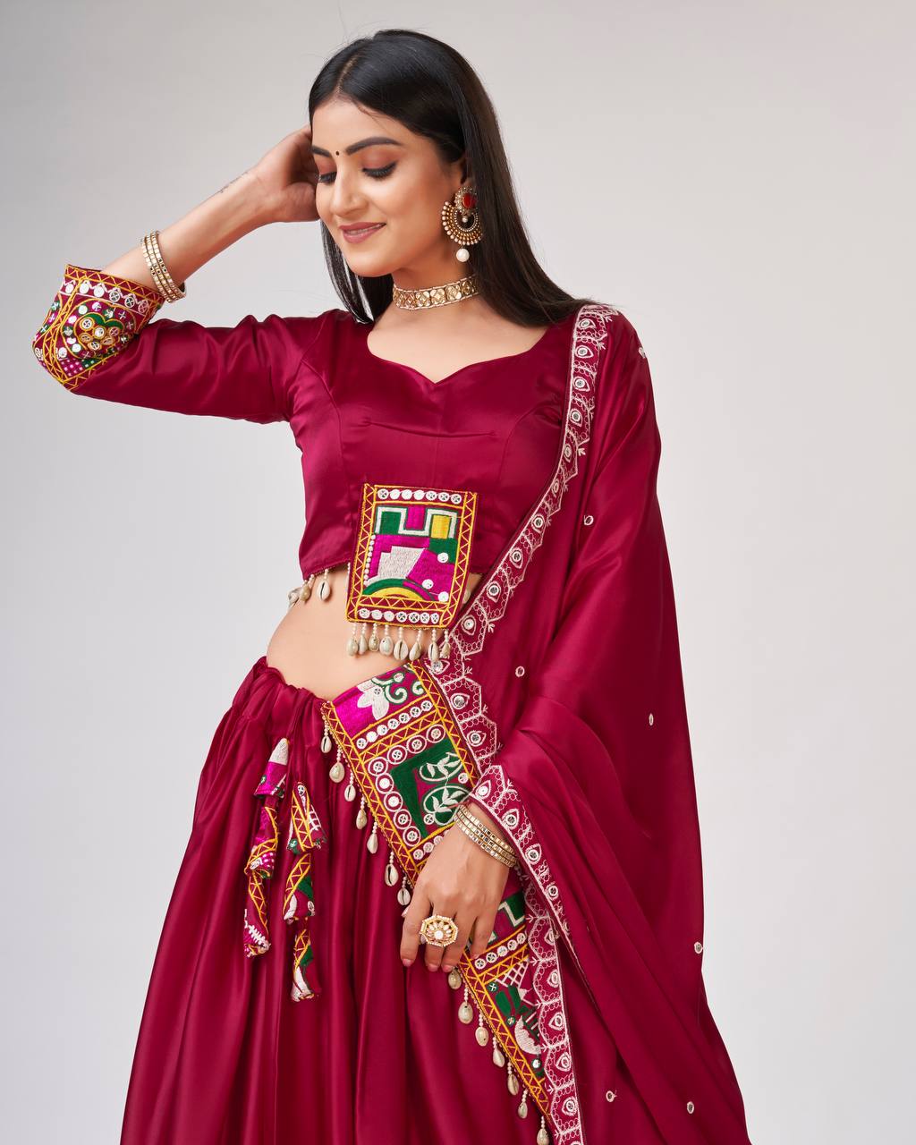 Women's Maroon Satin Silk Gamthi Work Plus Kodi Border Work Lehenga Set