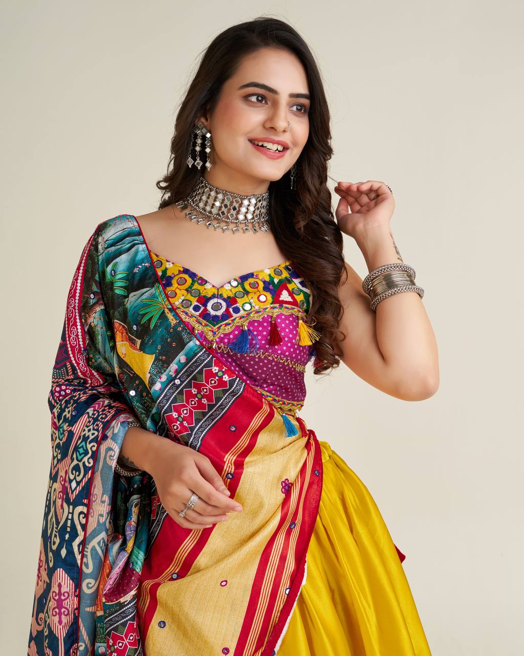 Women's Pink Slub Silk Gamthi Work Lehenga Set