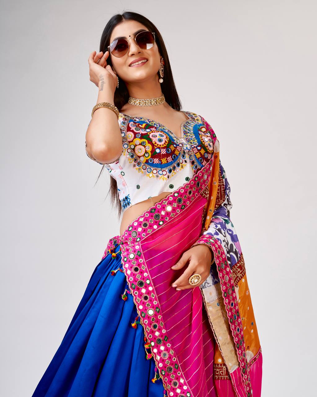 Women's White Thai Silk Real Mirror Work & Thread Embroidery Work Lehenga Set