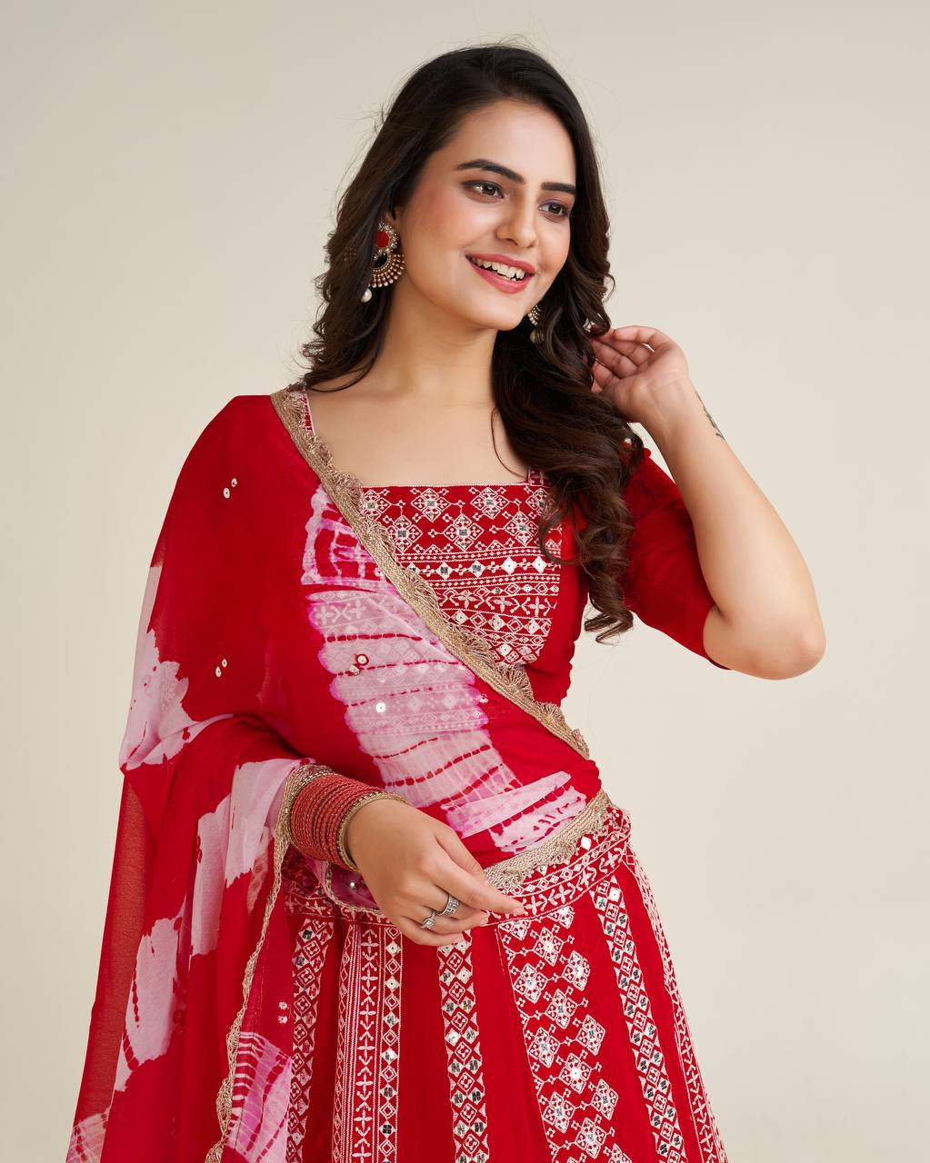 Women's Red Faux Georgette Thread & Sequins Work Lehenga Set