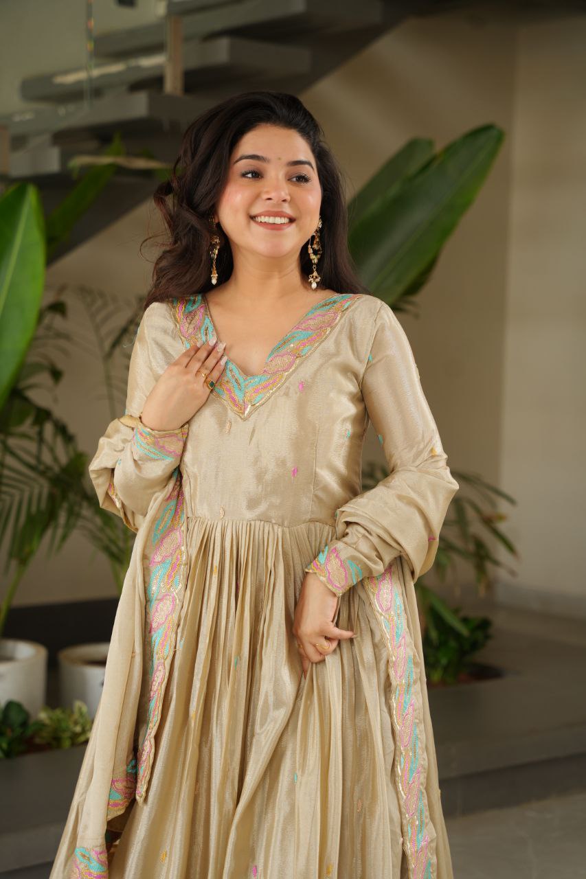 Women's Cream Chinnon Sequins & Multi Thread Embroidered Work Gowns