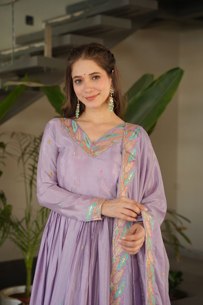 Women's Lavender Chinnon Sequins & Multi Thread Embroidered Work Gowns