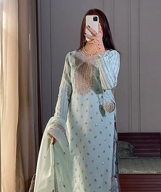 Women's Sky Blue Faux Georgette Embroidery Sequences Work Kurta Set