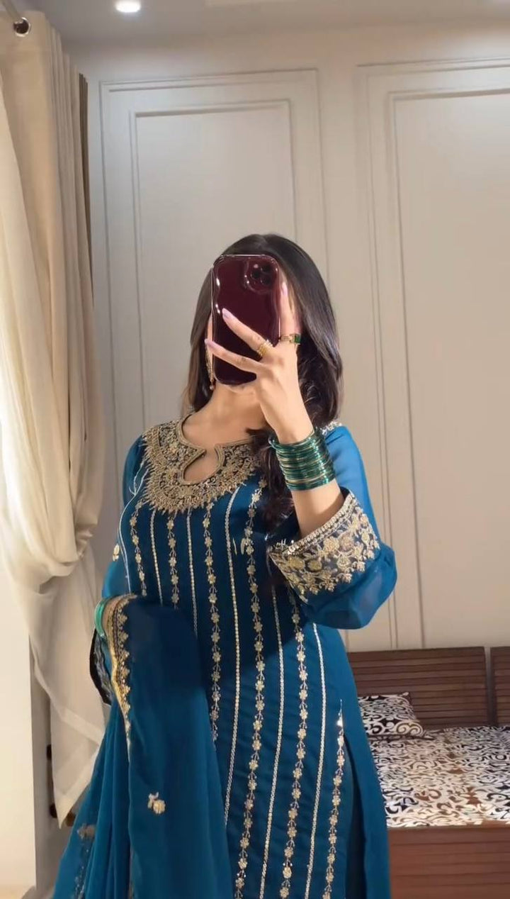 Women's Elegant Heavy Faux Georgette Set With Embroidery Sequence Work