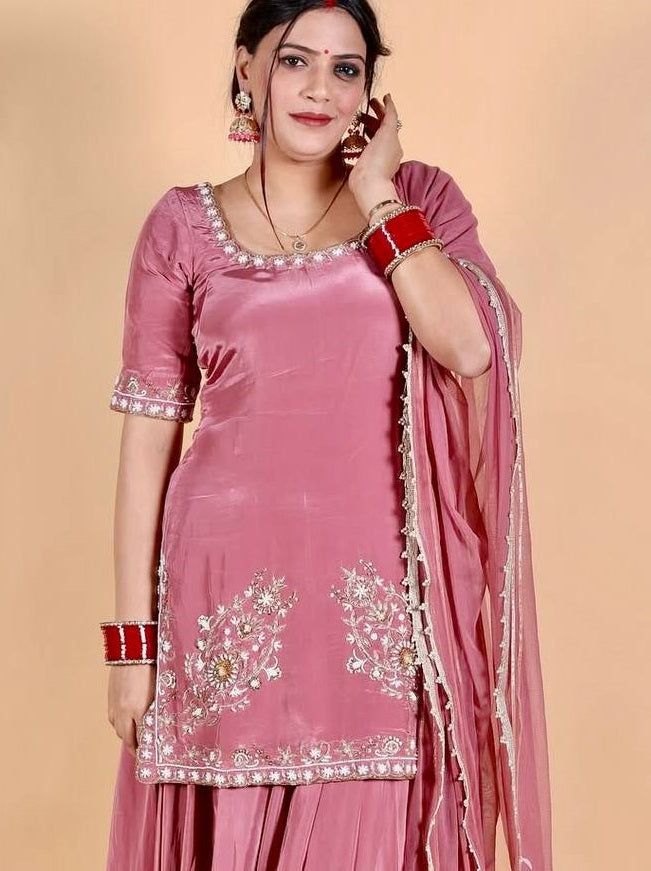 Women's Pink Creap Embroidered Sequence Work Sharara Set