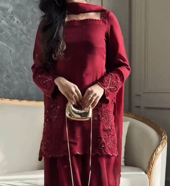 Women's Maroon Creape Silk Sequence Embroidery Work Kurta Set