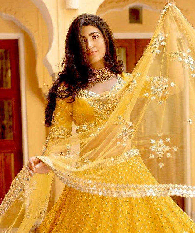 Women's Yellow Georgette Paper Mirror Work All Over Front & Back Lehenga Set