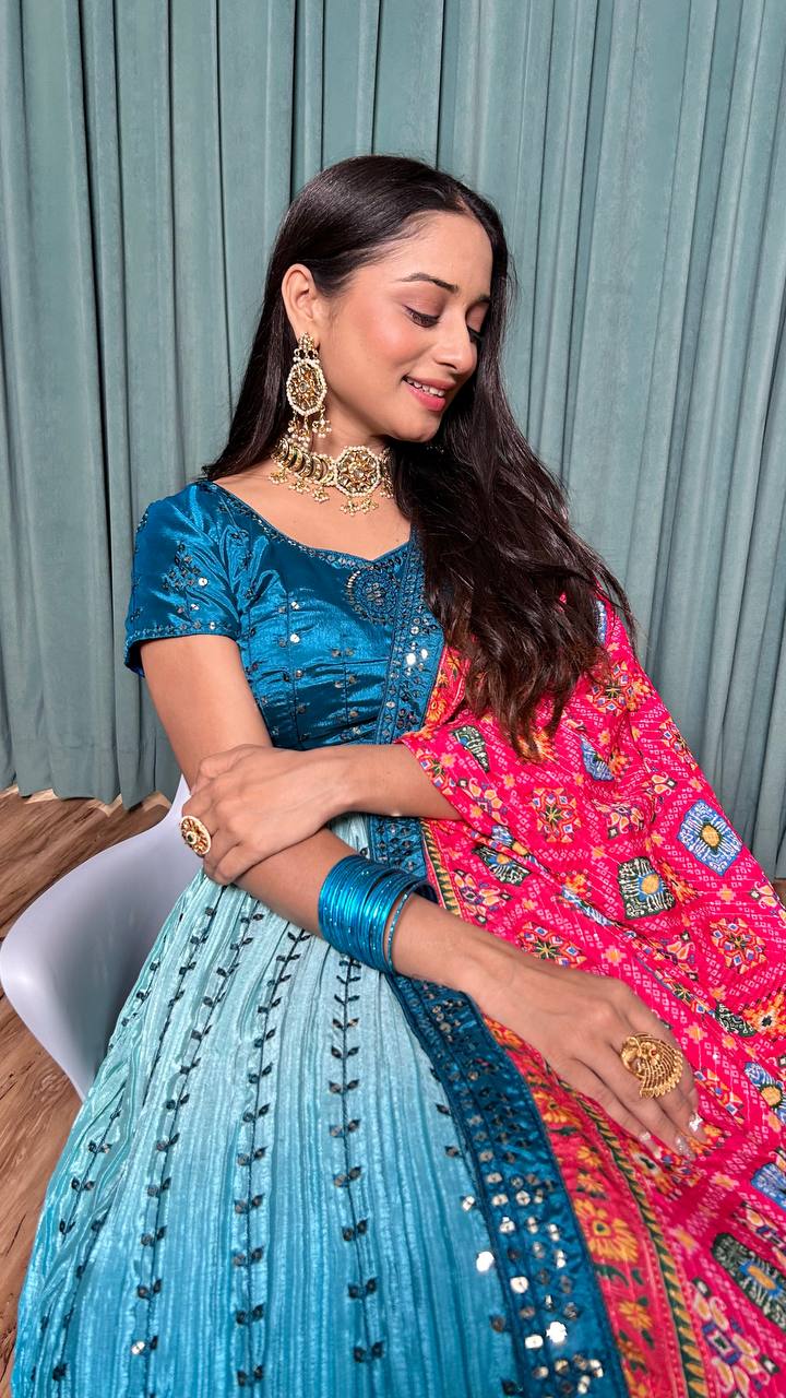 Women's Blue CHINON Silk 9Mm Sequins & Thread Work All Over Front & Back Lehenga Set