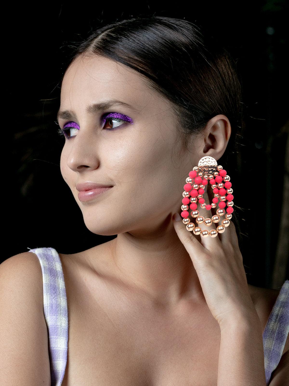 Women's Pink And Gold Beaded Hoop Earring