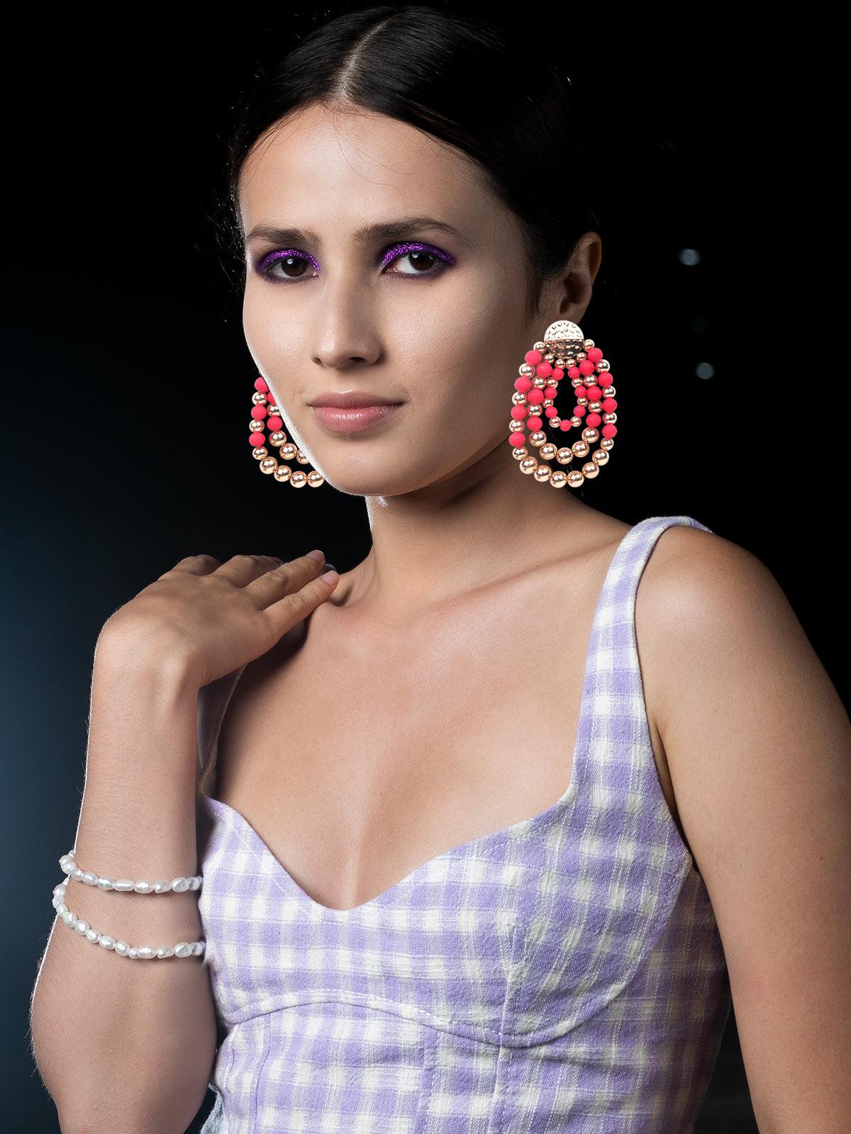 Women's Pink And Gold Beaded Hoop Earring
