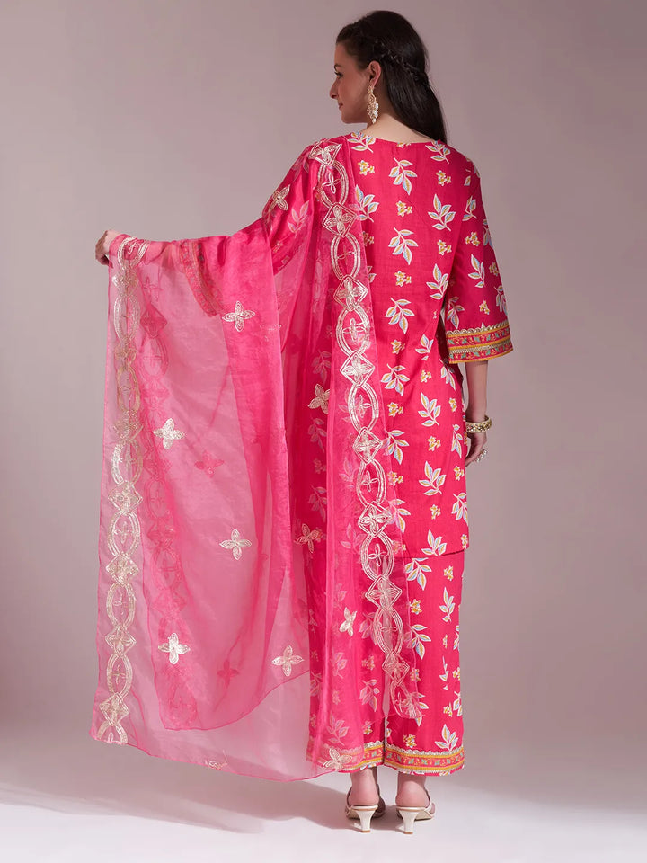 Women's Pink Cotton Lace Work Kurta Set With Pant & Dupatta