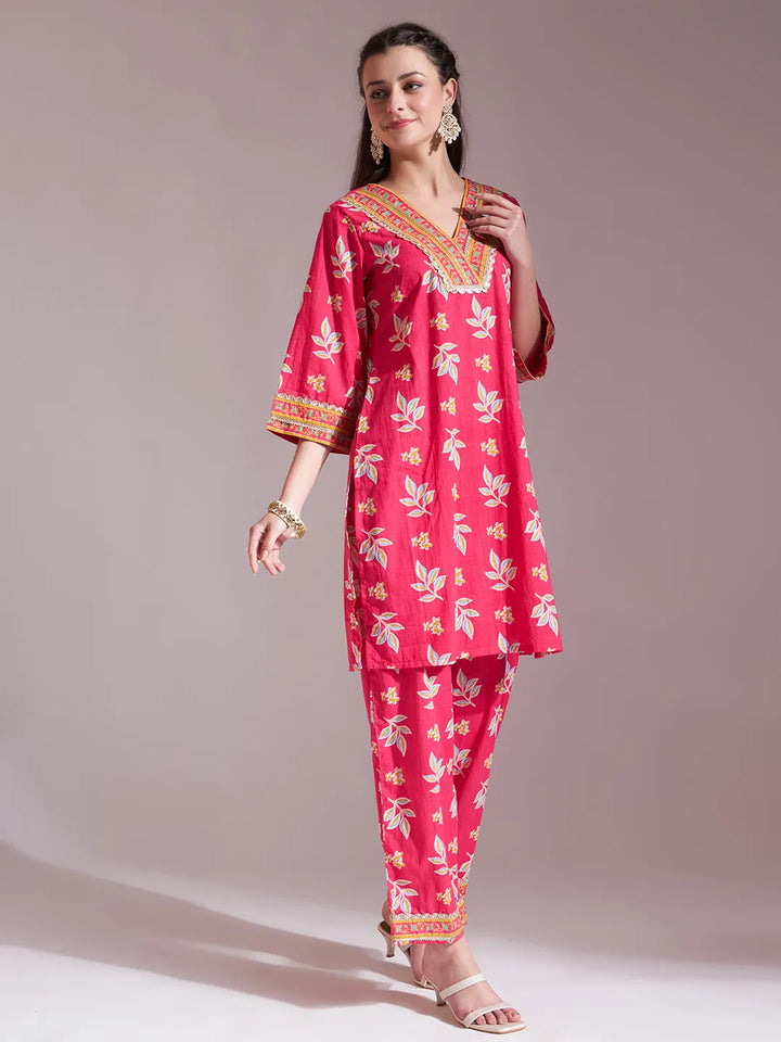Women's Pink Cotton Lace Work Kurta Set With Pant & Dupatta