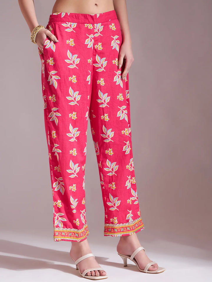 Women's Pink Cotton Lace Work Kurta Set With Pant & Dupatta