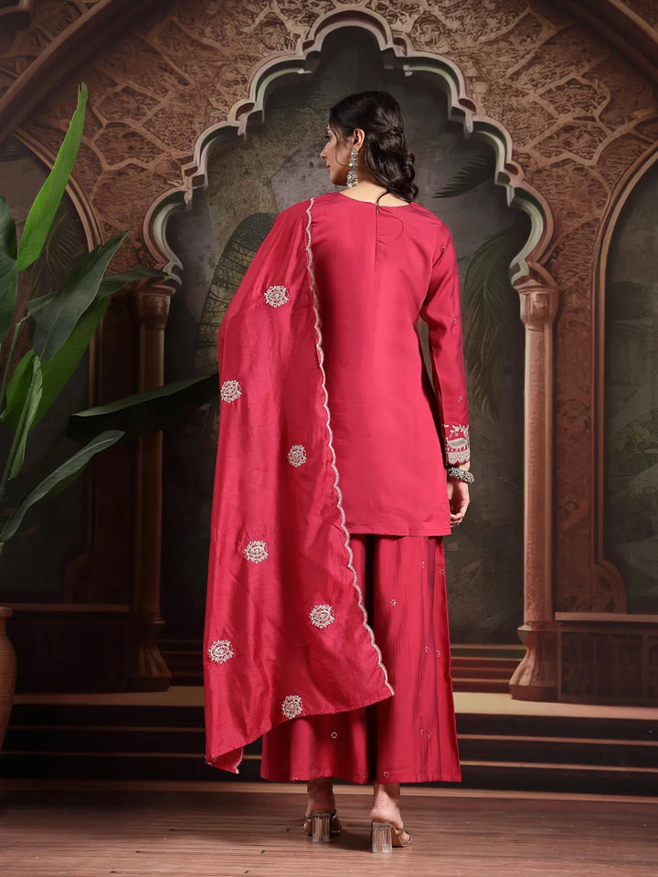 Women's Pink Embroidered Straight Kurta Palazzo Dupatta Set