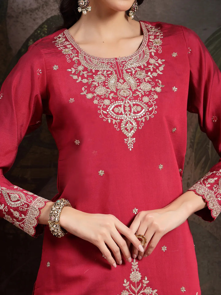 Women's Pink Embroidered Straight Kurta Palazzo Dupatta Set