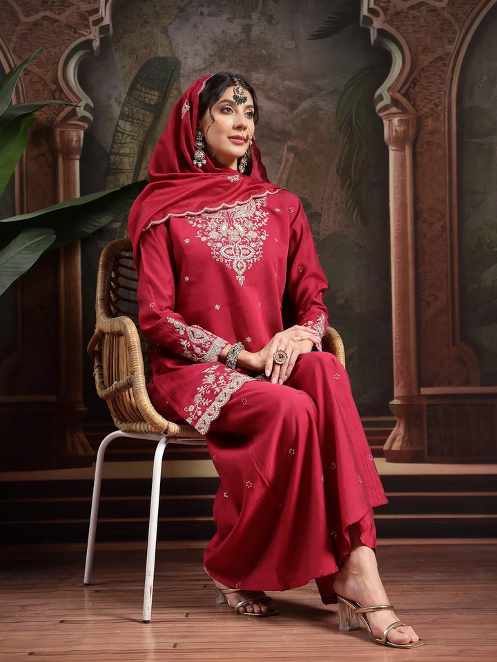 Women's Pink Embroidered Straight Kurta Palazzo Dupatta Set