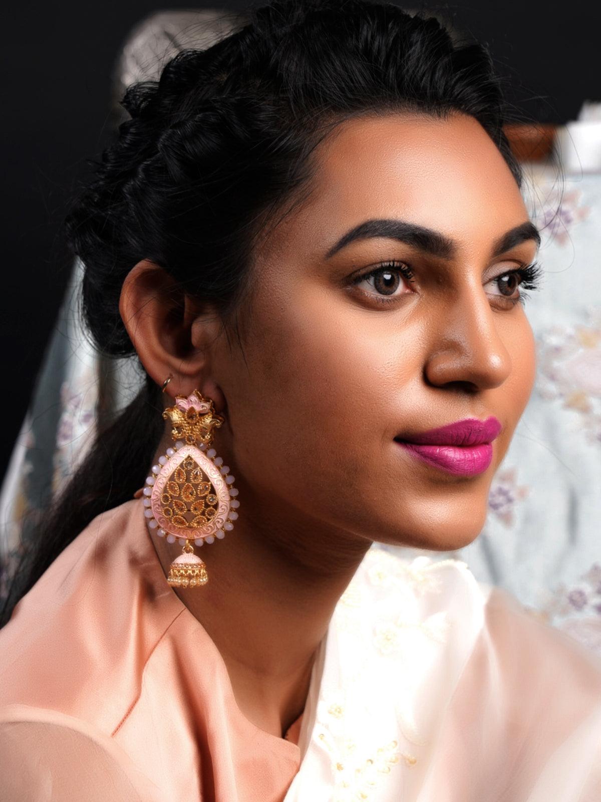 Women's Pink Enamelled Leafy Dangle Earring