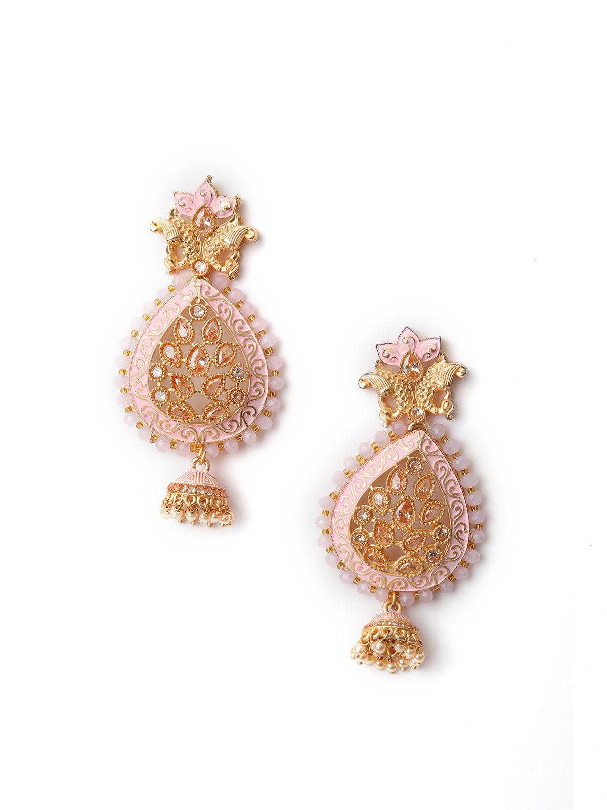 Women's Pink Enamelled Leafy Dangle Earring