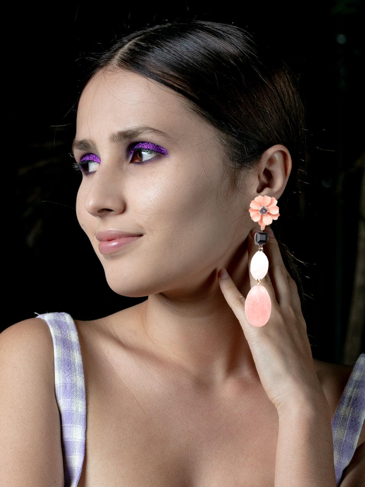 Women's Pink Floral Beaded Drop Earring