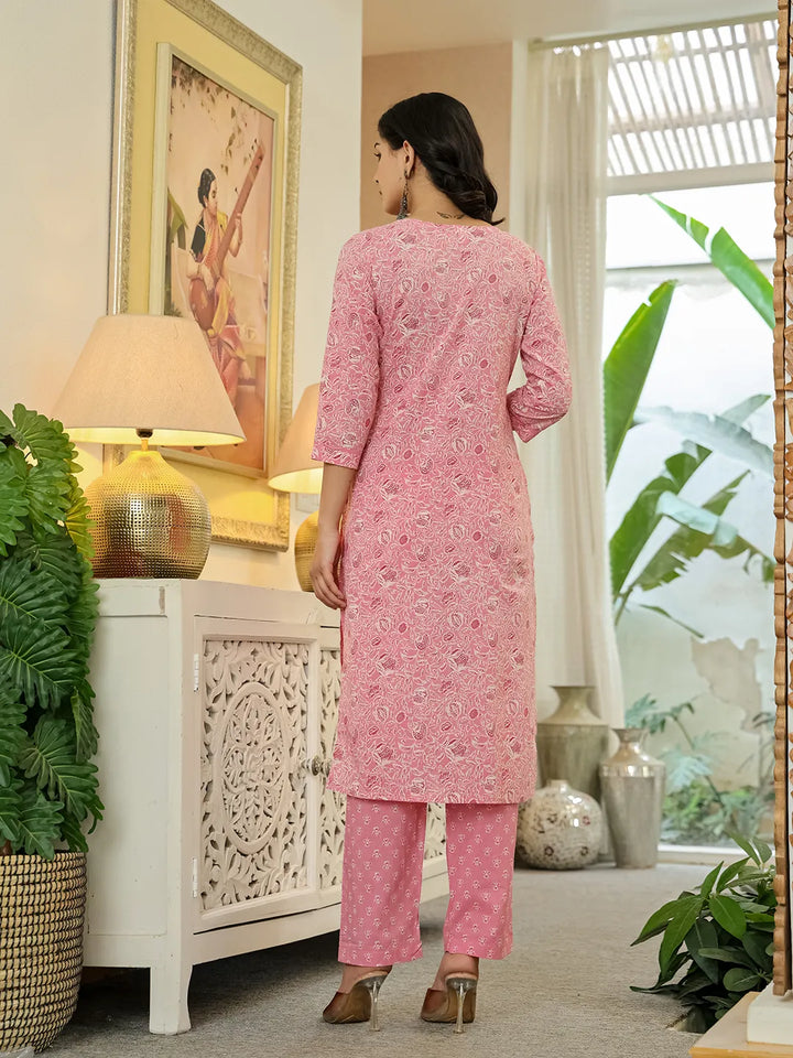 Women's Pink Cotton Thread_Work,Sequins_Work Kurta Dupatta Pant Set