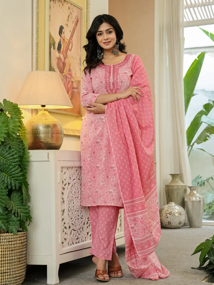 Women's Pink Cotton Thread_Work,Sequins_Work Kurta Dupatta Pant Set