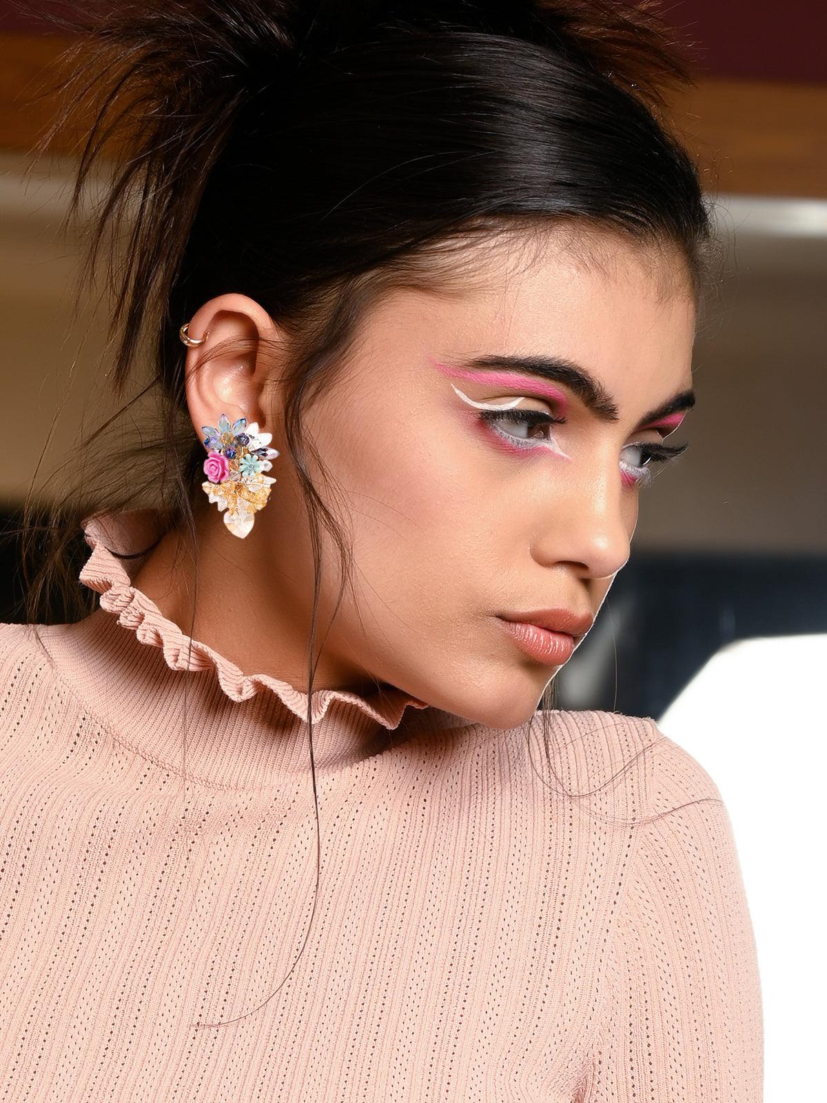 Women's Pink Rose Embellished Statement Earring