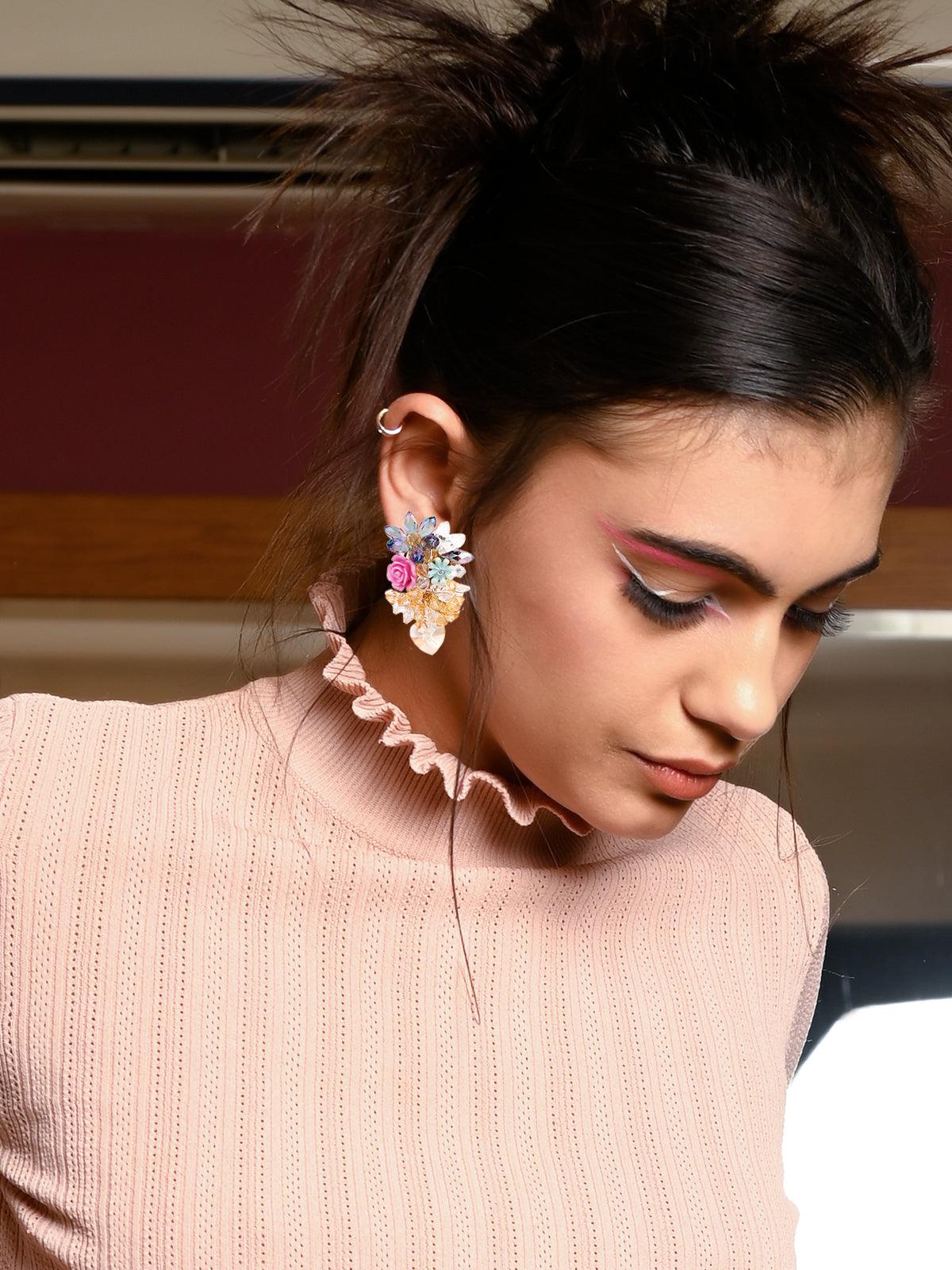 Women's Pink Rose Embellished Statement Earring