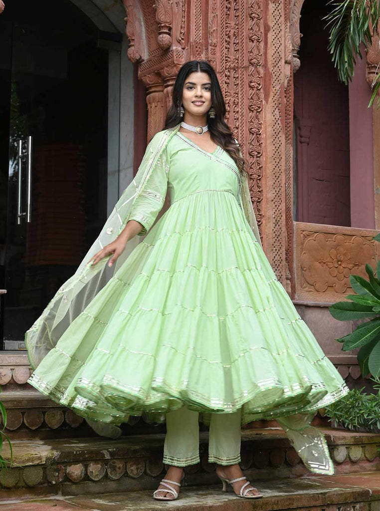 Women's Pista Green Cotton Gotta Anarkali Sets Green / 5XL | Trendia Global Women's Pista Green Cotton Gotta Anarkali Sets Green / 5XL | Trendia Global