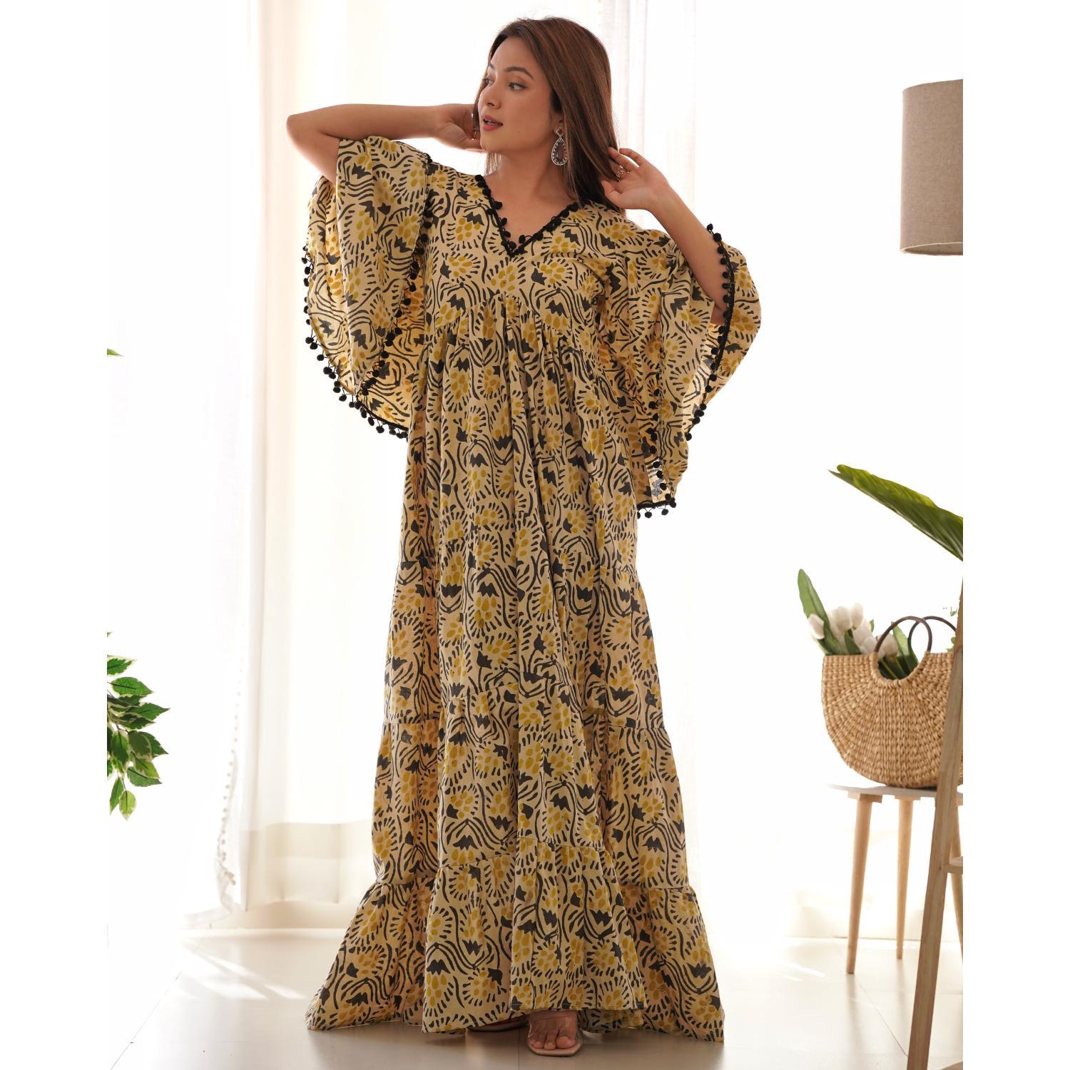 Women's Beige & Black Kalamkari Cotton Tiered Dress Beige / S | Trendia Global Women's Beige & Black Kalamkari Cotton Tiered Dress Beige / S | Trendia Global