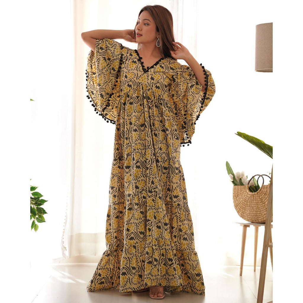 Women's Beige & Black Kalamkari Cotton Tiered Dress