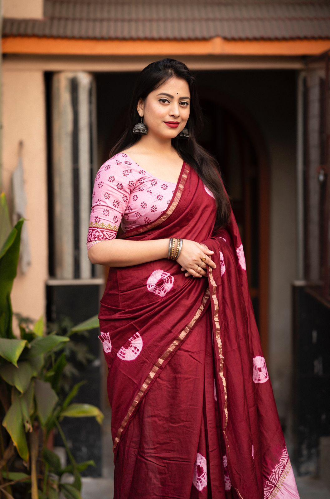 Women's Maroon Pure Cotton Hand Printed Saree With Blouse - A2M