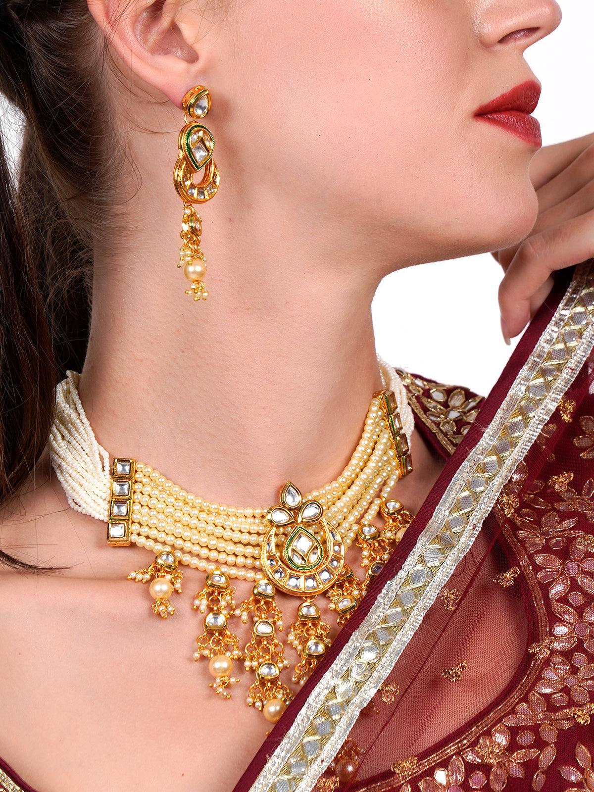 Women's Ponderous Pearl  Kundan Choker With Earrings