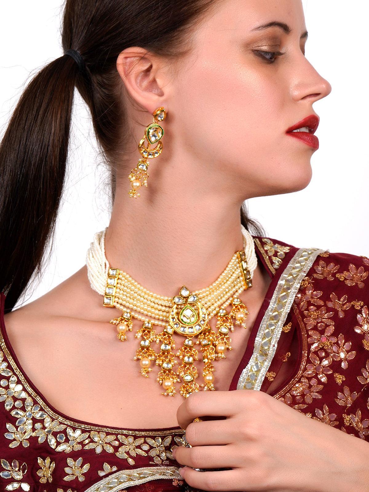 Women's Ponderous Pearl  Kundan Choker With Earrings