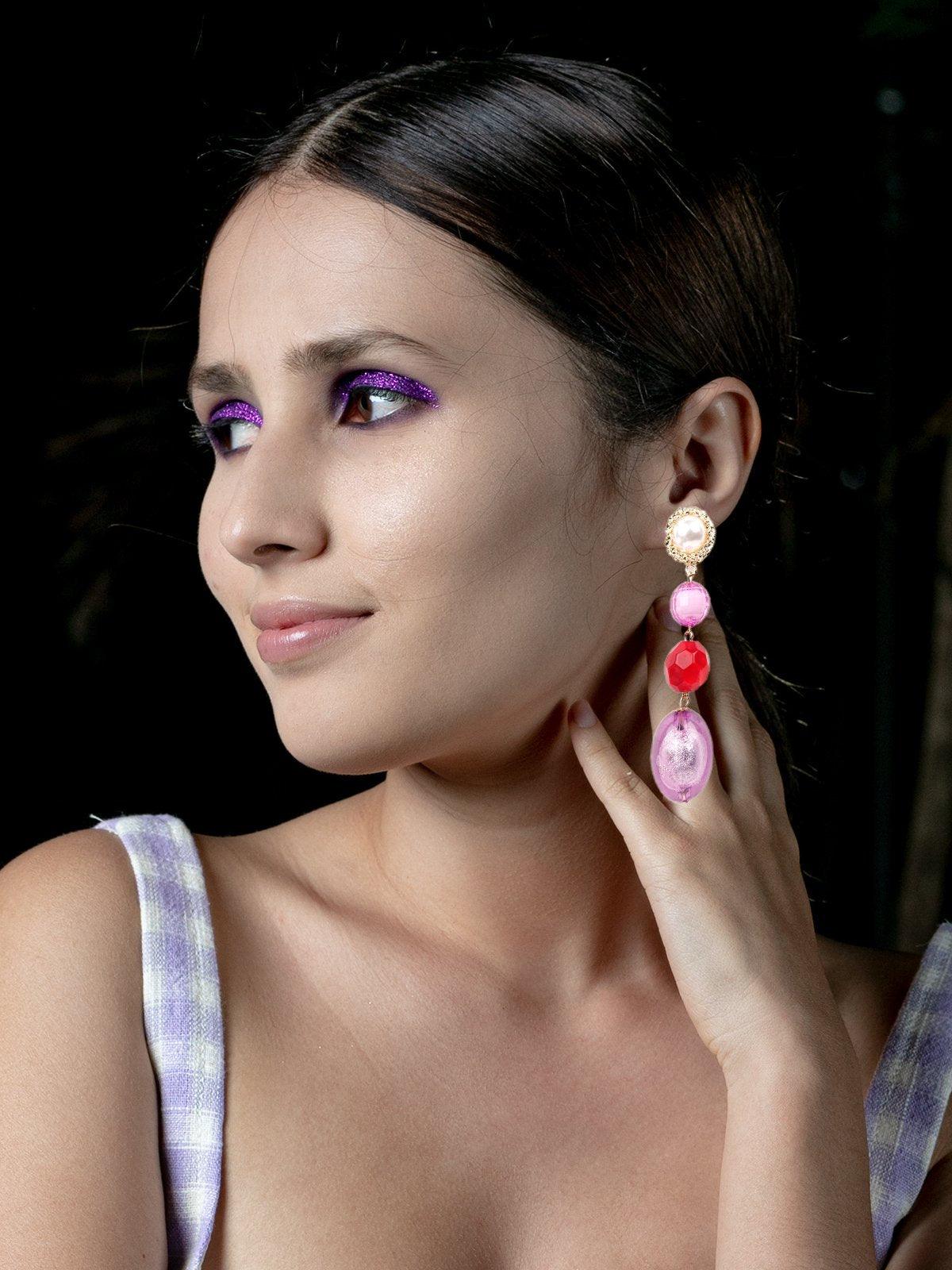 Women's Purple And Red Beaded Drop Earring