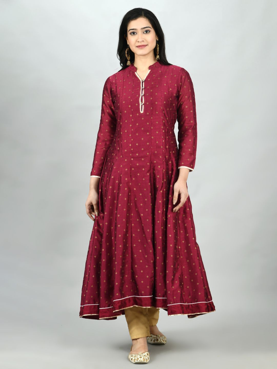 Women's Wine Georgette Printed 3/4 Sleeve Mandarin Neck Casual Anarkali Kurta Dupatta Set