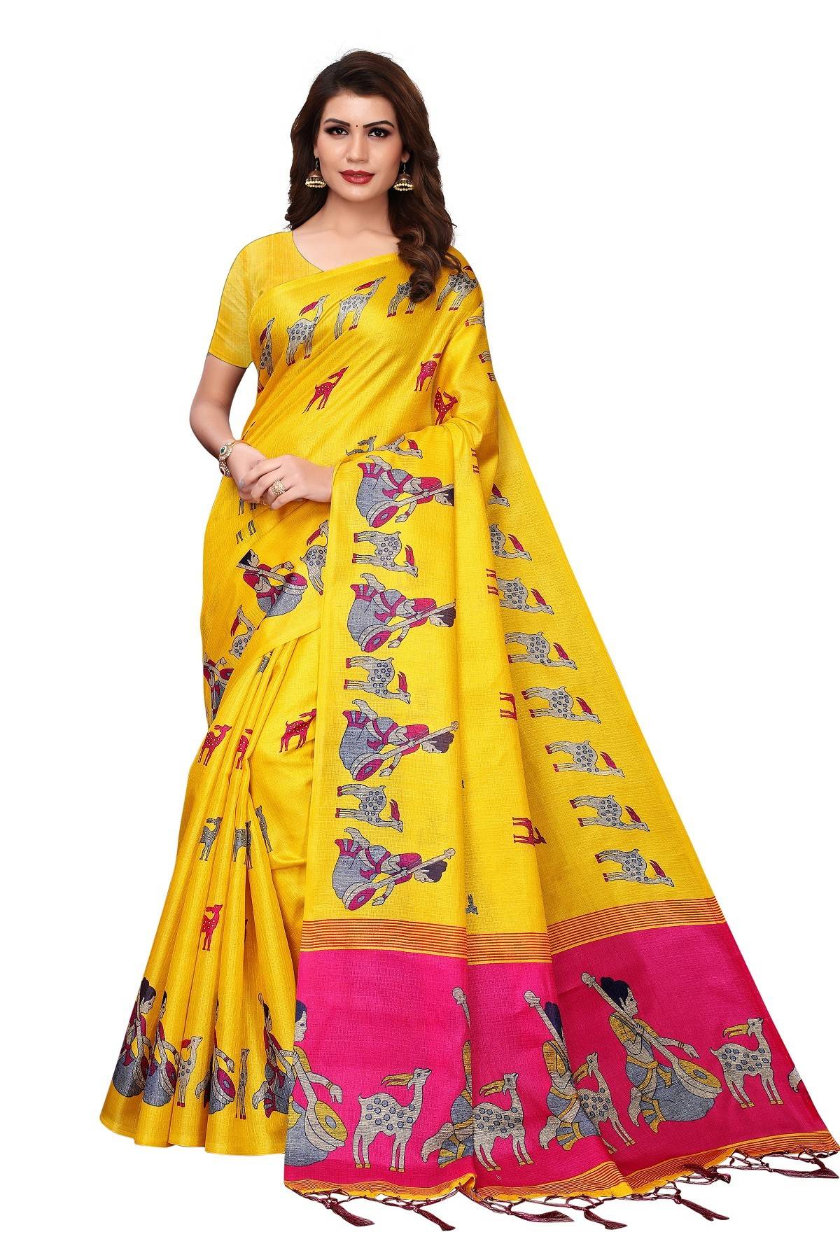Women's Vamika Pink Kalamkari With Jhalar Silk Saree Maithali Yellow
