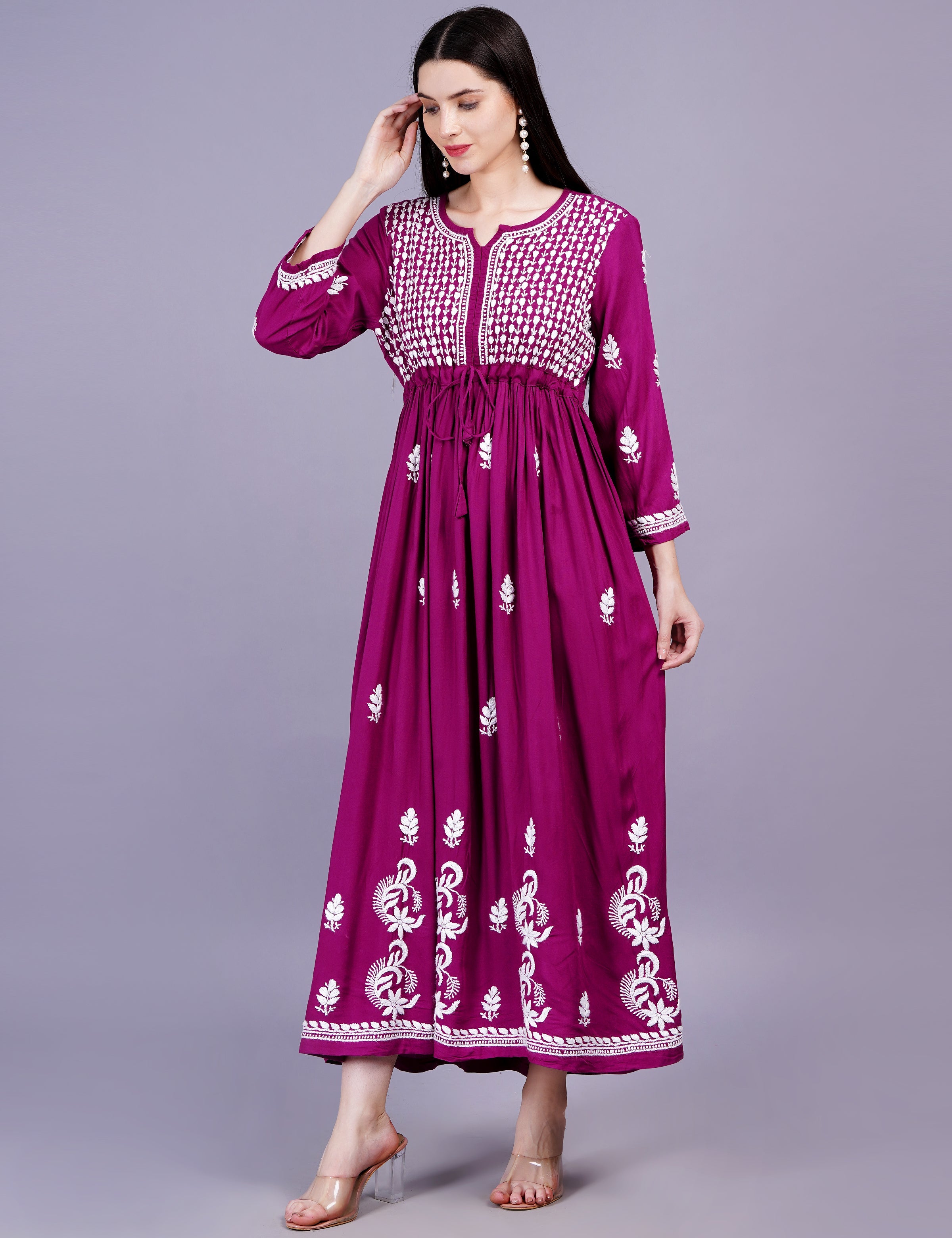 Women's Modal Cotton Wine Color Chikankari Dress