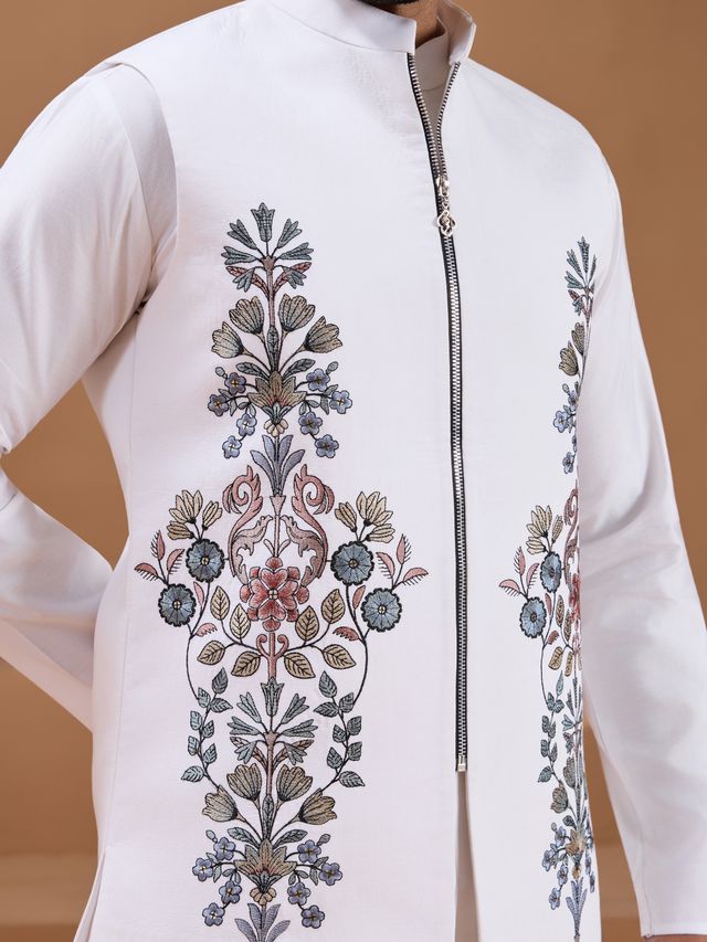 Men's White Viscose Silk Multi Thread With Sequence Embroidered Work Kurta Set