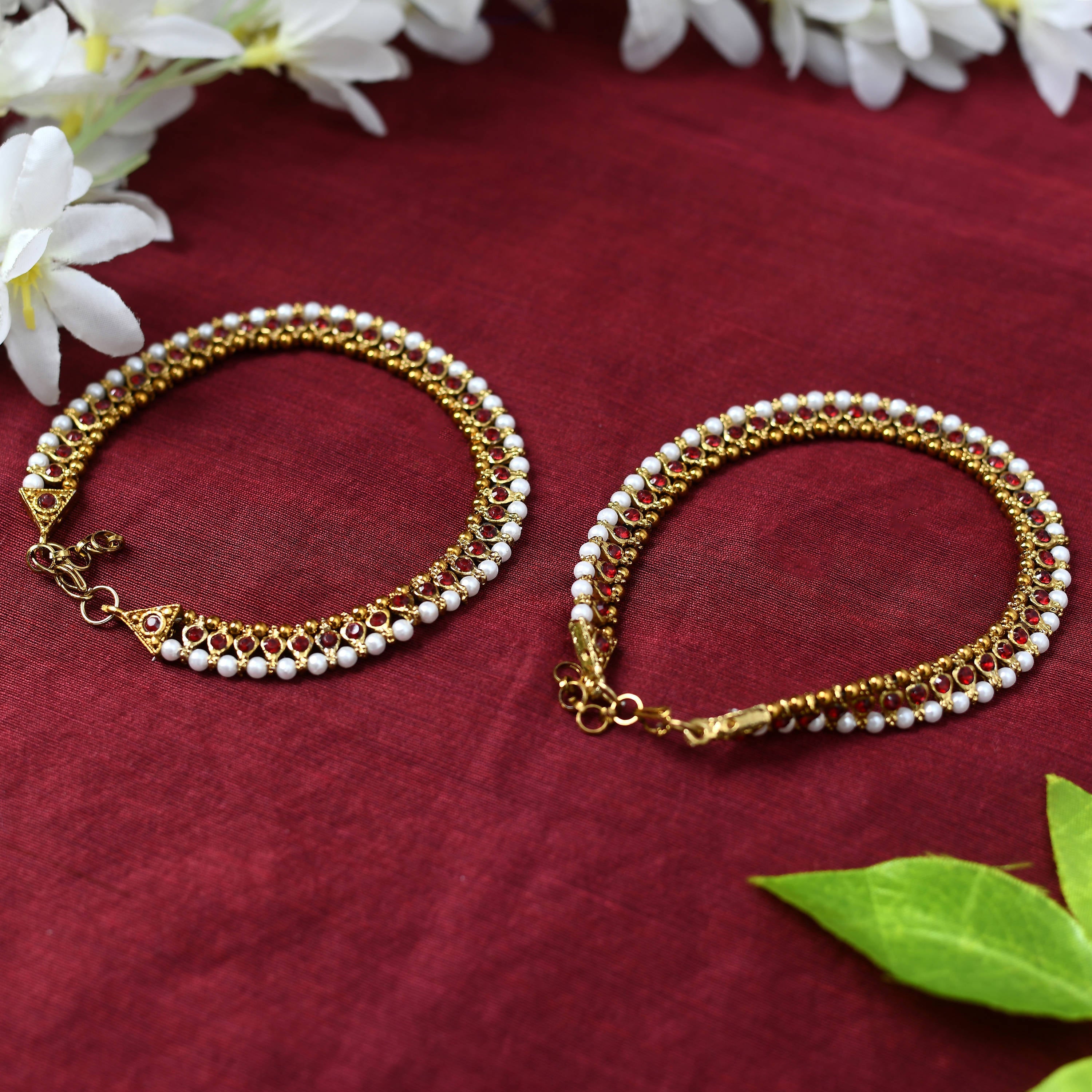 Johar Kamal Gold-Toned Kundan & Pearls Anklets for Women and Gir