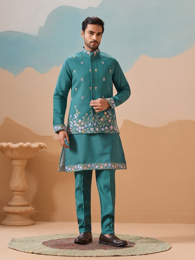 Men's Rama Green Viscose Silk Multi Thread With Sequence Embroidered Work Kurta Set
