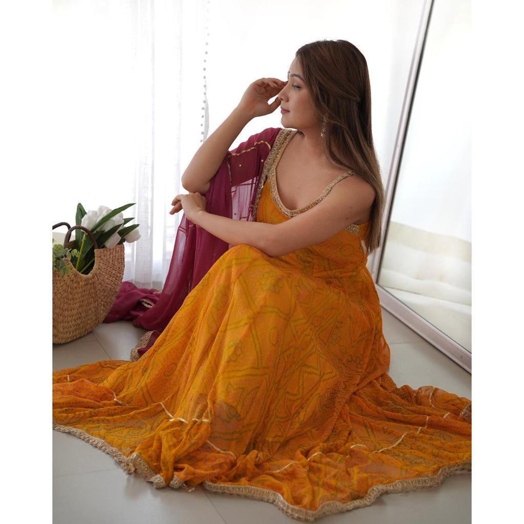 Women's Yellow Bandhani Anarkali Kurta With Wine Dupatta