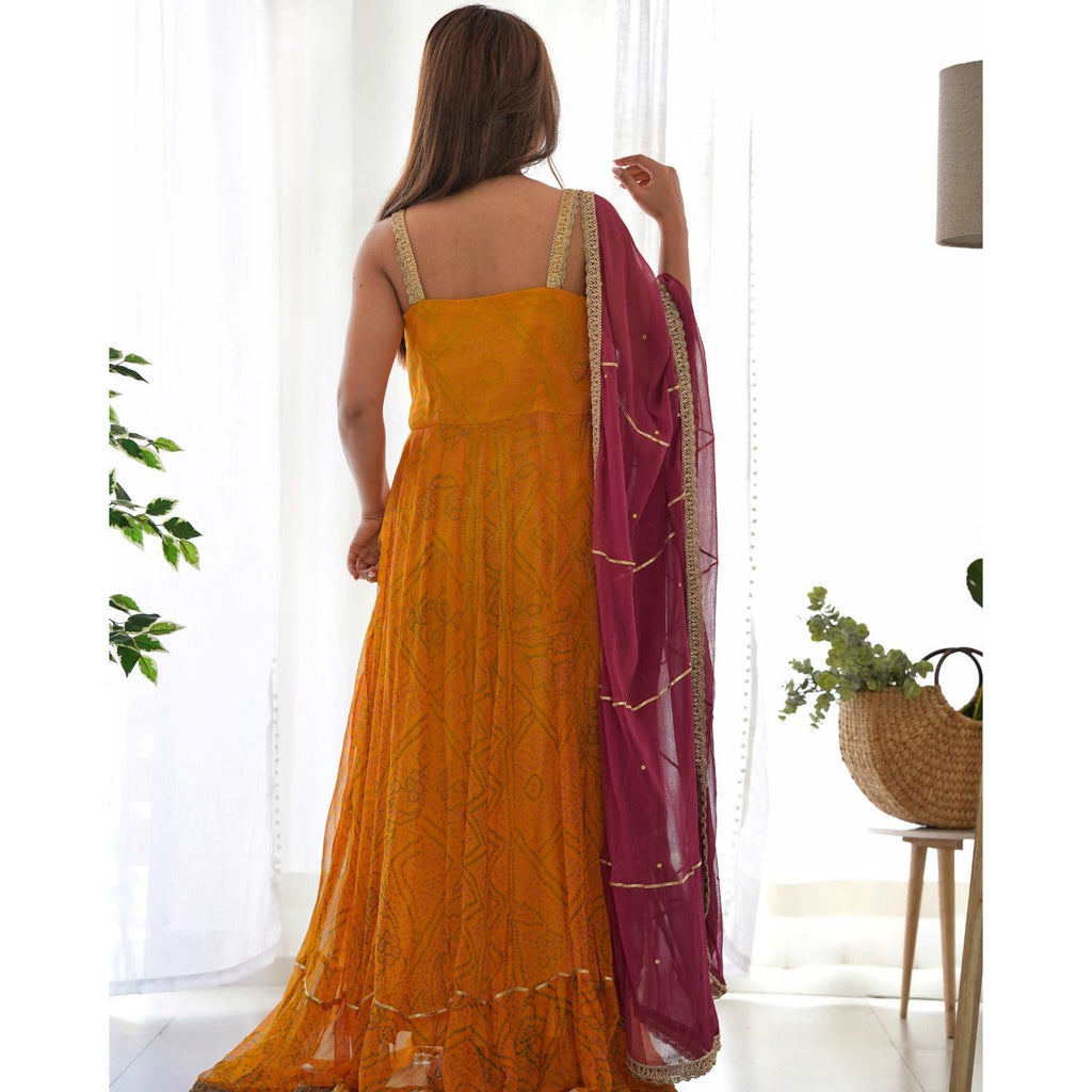 Women's Yellow Bandhani Anarkali Kurta With Wine Dupatta