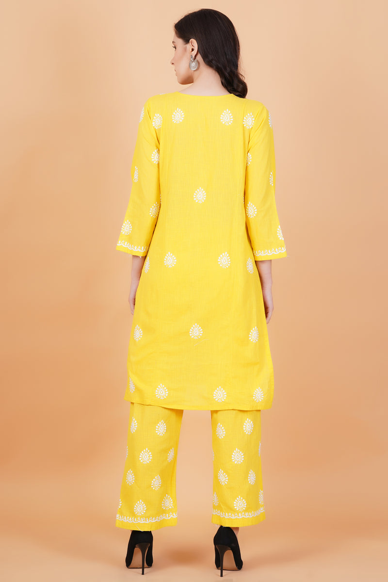 Women's Slub Cotton Mustard Color Chikankari Co-Ord Set