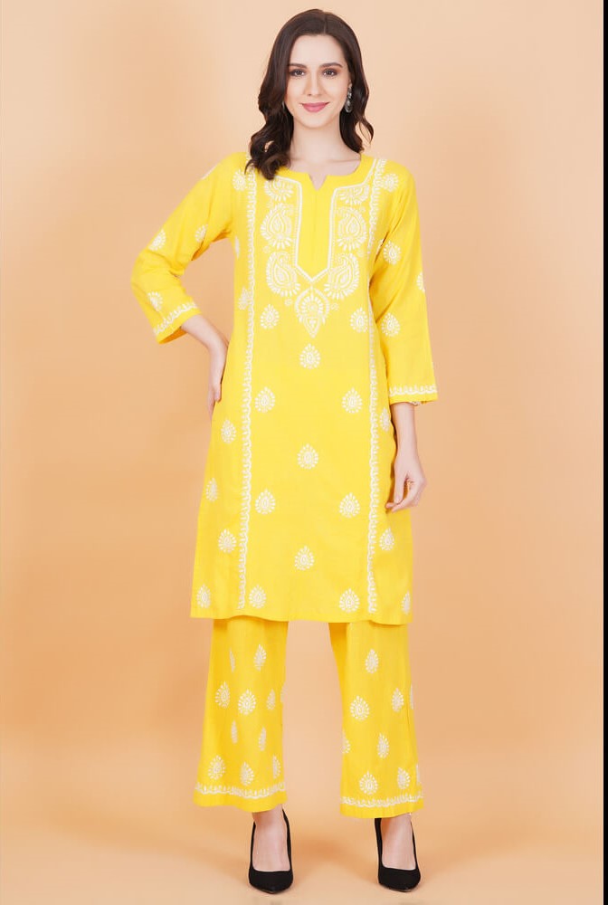 Women's Slub Cotton Mustard Color Chikankari Co-Ord Set