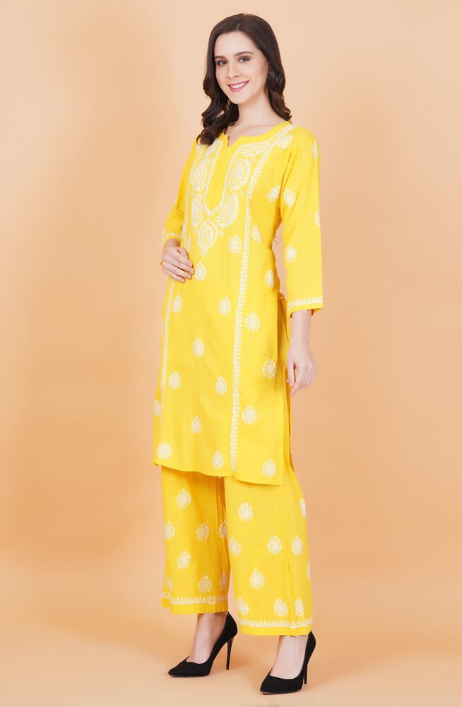 Women's Slub Cotton Mustard Color Chikankari Co-Ord Set